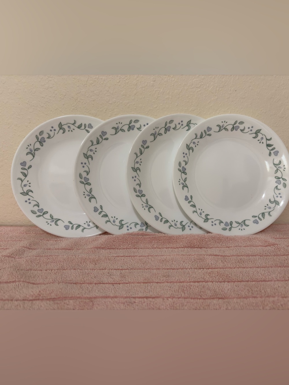 Set of 4 Corella White desserts Plates with Green Leaf Border  and Purple Hearts